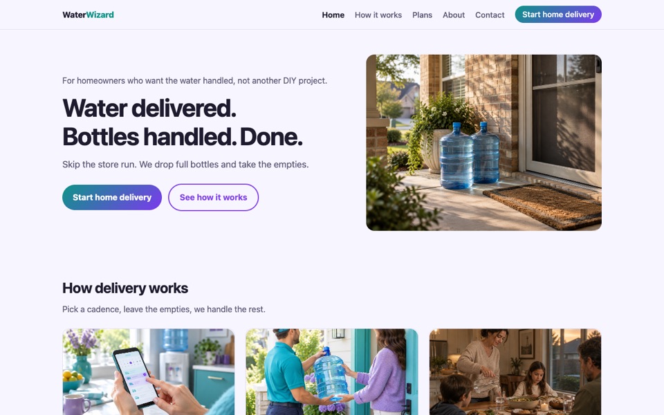 Screenshot of Home delivery, Water Wizard branding — finished ✻