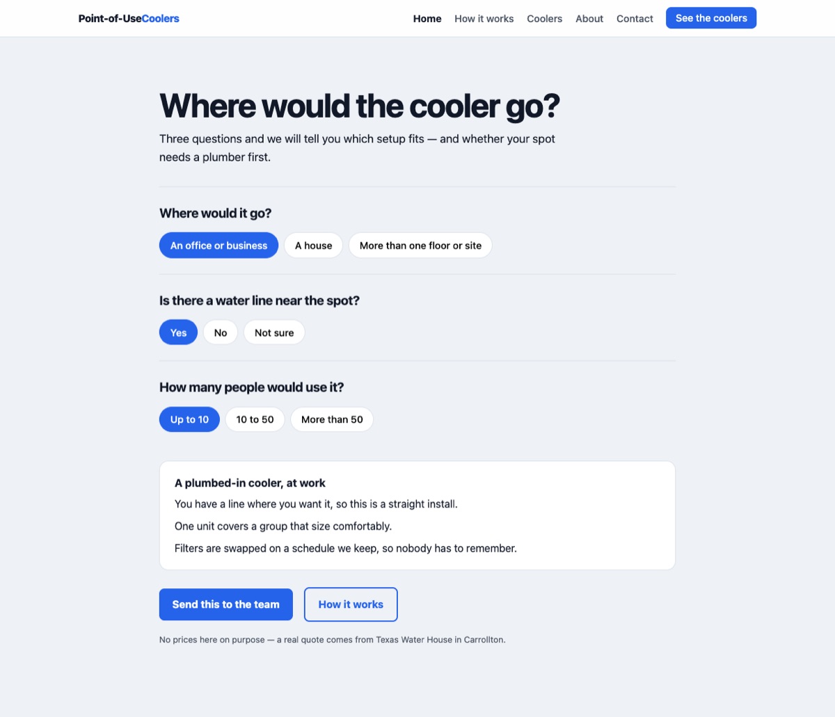 Screenshot of Point-of-Use Coolers — the funnel ✻