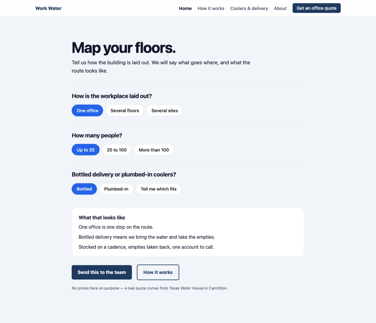 Screenshot of Work Water — the funnel ✻