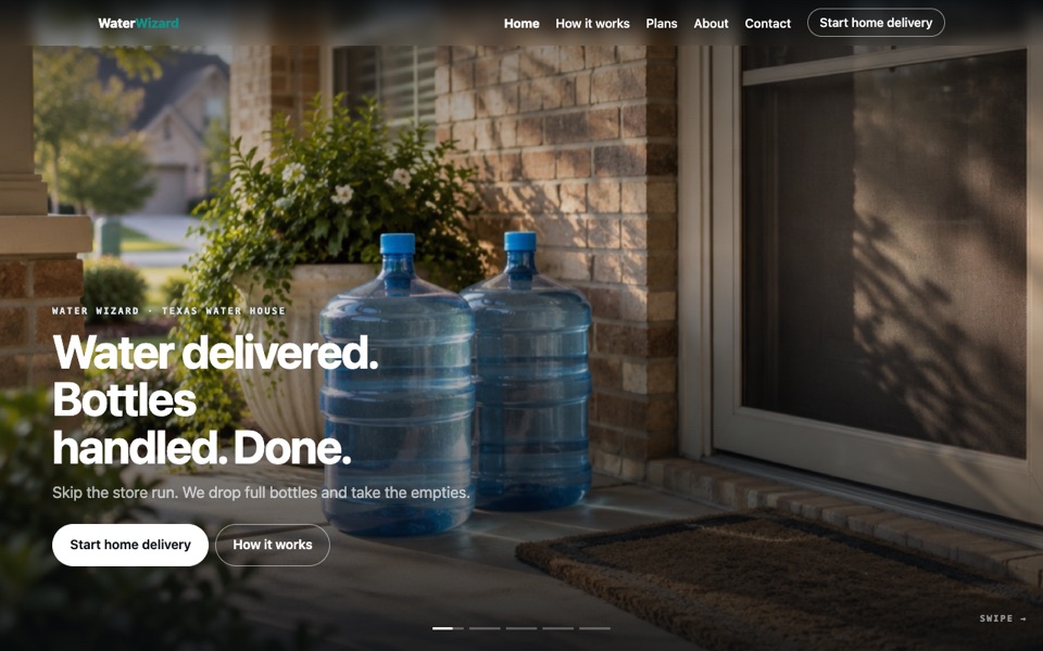 Screenshot of Home delivery, Water Wizard branding — makeover
