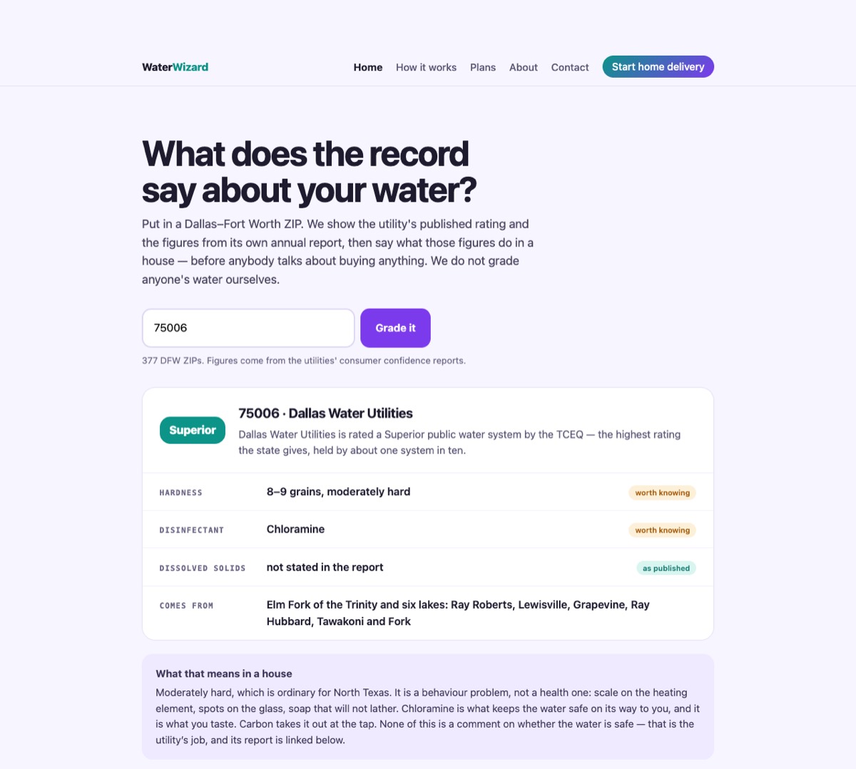 Screenshot of Water Wizard — your water's report card ✻